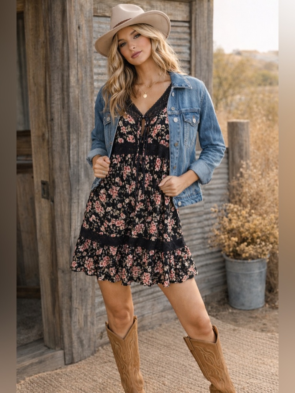 Xhilaration Black Floral Dress Lace Trim Tie Front Boho Mini Fit & Flare Large